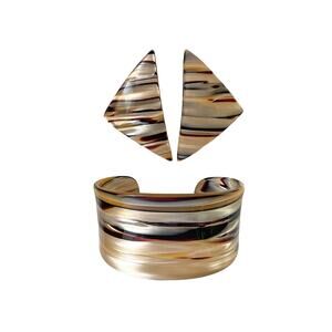 1990s Cellulose Acetate  Dark & Golden Brown Cuff Bracelet Triangle Earrings